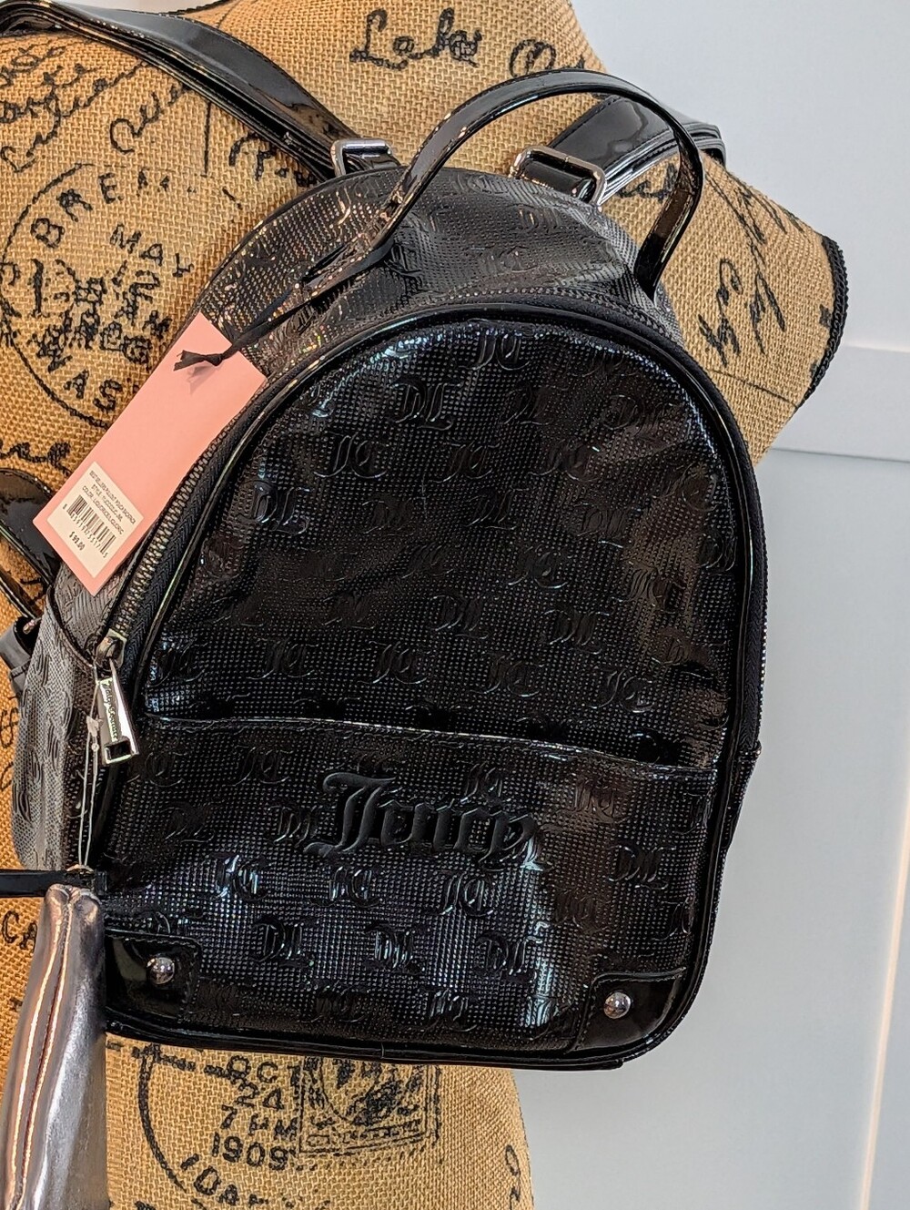 Juicy Couture Mini Patent Black Backpack with Zip Bag